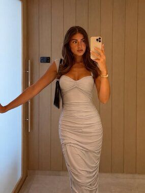 Cream Fitted Midi Dress Size Small Formal Beige Gathered Bodycon